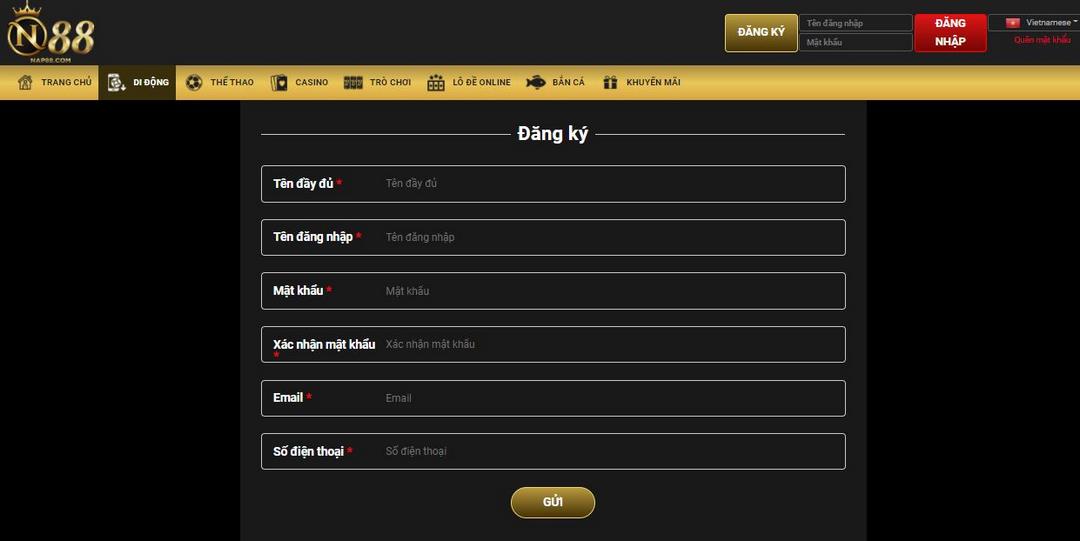 Giao diện đăng ký tài khoản Nap88